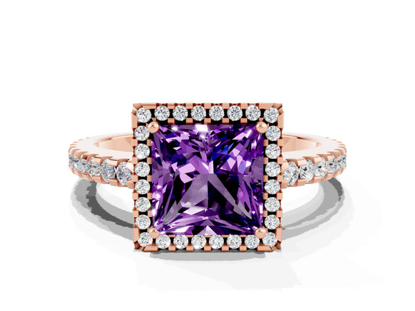 Rose gold Princess Cut Amethyst Halo Engagement Ring with Pavé Band and Prong Setting