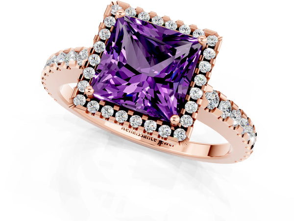 Rose gold Princess Cut Amethyst Halo Engagement Ring with Pavé Band and Prong Setting