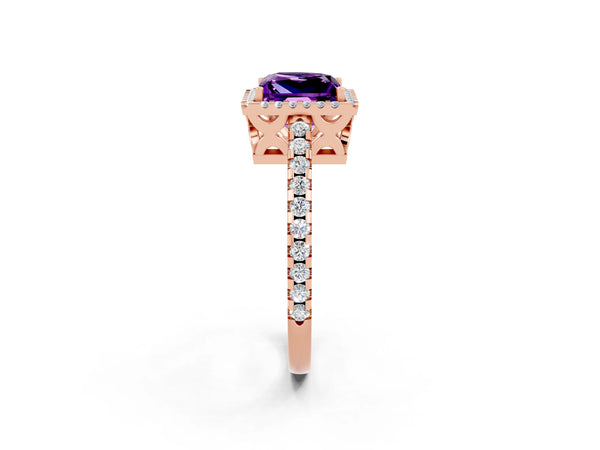 Rose gold Princess Cut Amethyst Halo Engagement Ring with Pavé Band and Prong Setting
