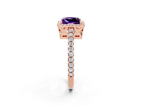 Rose gold Princess Cut Amethyst Halo Engagement Ring with Pavé Band and Prong Setting_14