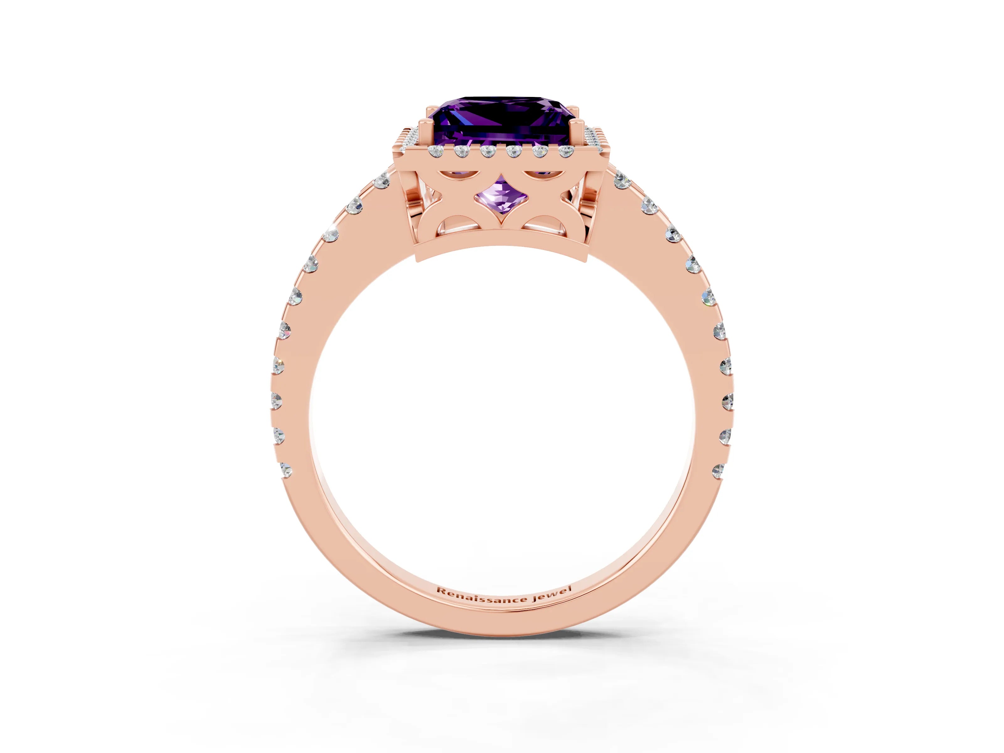 Rose gold Princess Cut Amethyst Halo Engagement Ring with Pavé Band and Prong Setting_15