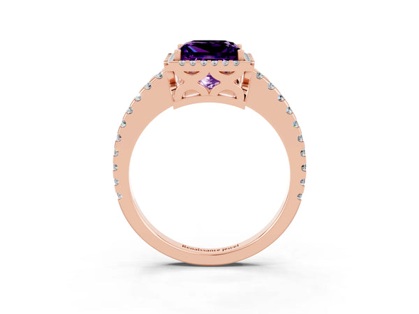 Rose gold Princess Cut Amethyst Halo Engagement Ring with Pavé Band and Prong Setting