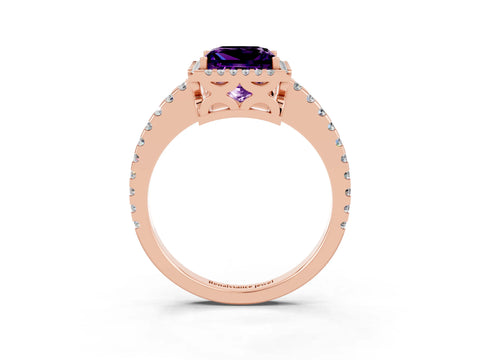 Rose gold Princess Cut Amethyst Halo Engagement Ring with Pavé Band and Prong Setting_15