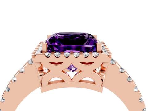 Rose gold Princess Cut Amethyst Halo Engagement Ring with Pavé Band and Prong Setting_16