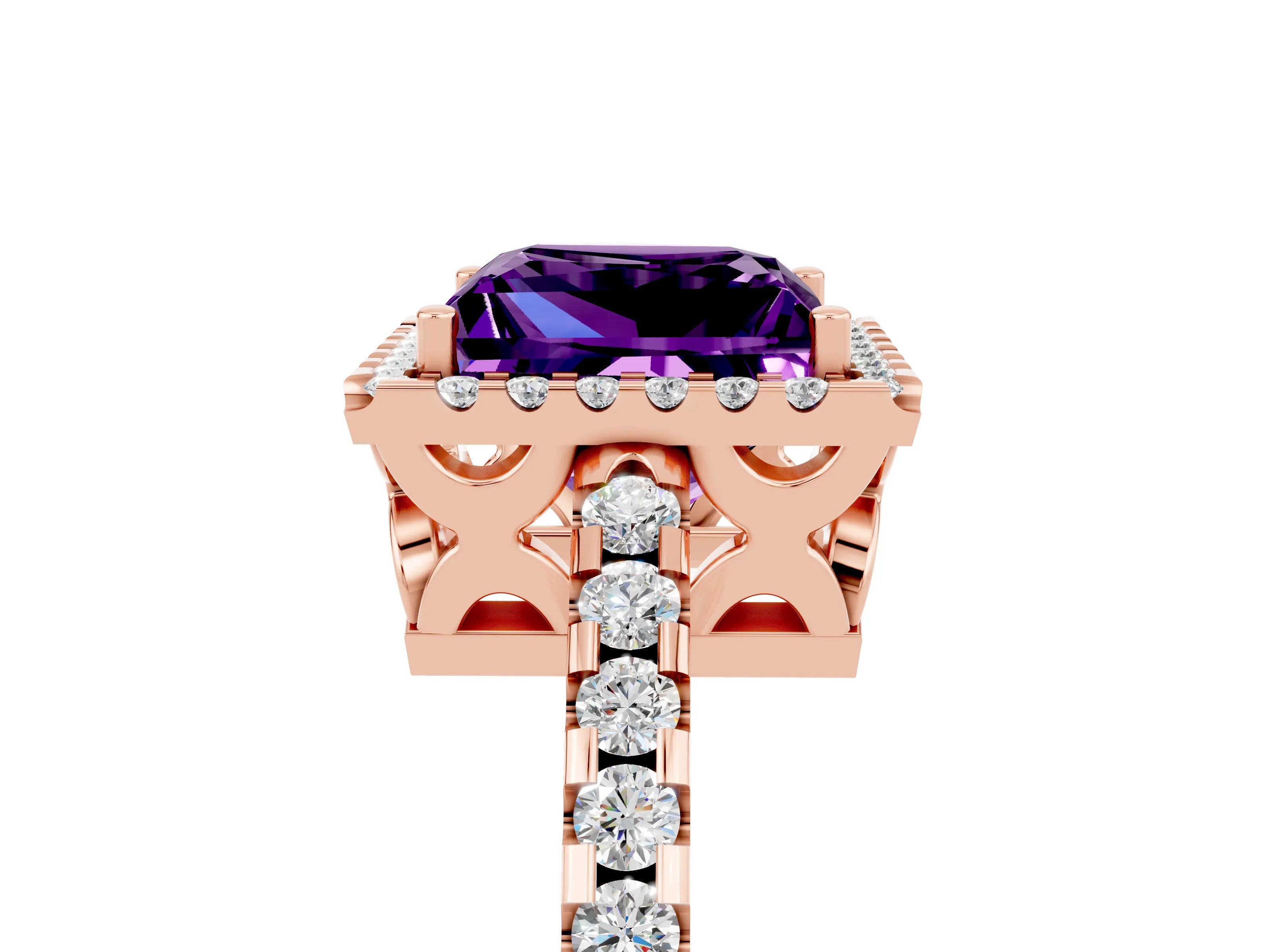 Rose gold Princess Cut Amethyst Halo Engagement Ring with Pavé Band and Prong Setting_17