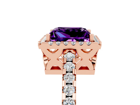Rose gold Princess Cut Amethyst Halo Engagement Ring with Pavé Band and Prong Setting_17