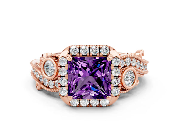 Rose gold Princess Cut Amethyst Halo Ring with Milgrain Pavé Band and Four-Prong Setting