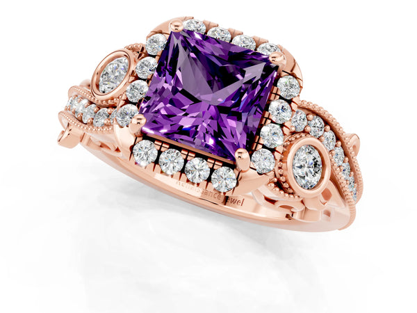 Rose gold Princess Cut Amethyst Halo Ring with Milgrain Pavé Band and Four-Prong Setting
