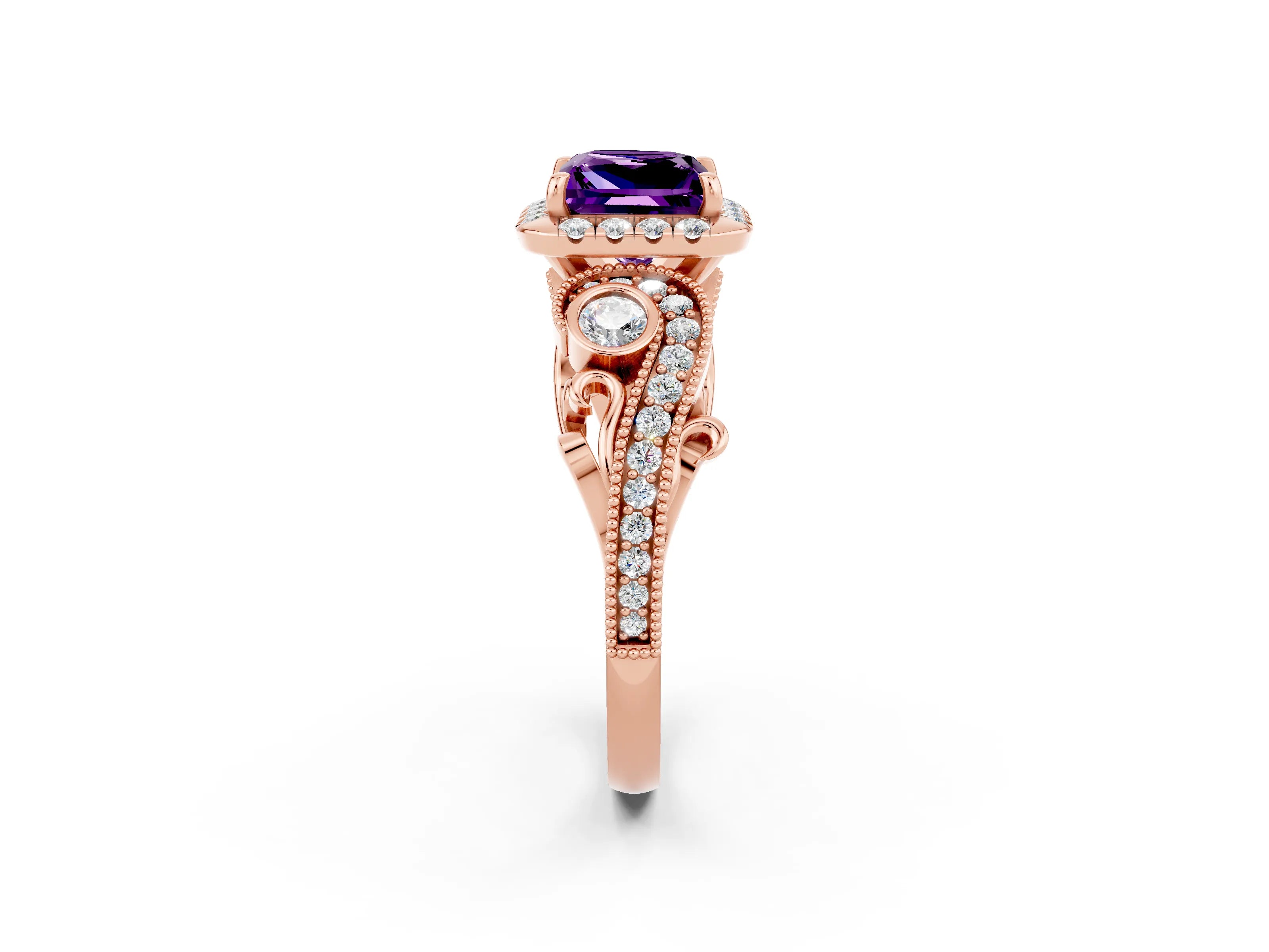 Rose gold Princess Cut Amethyst Halo Ring with Milgrain Pavé Band and Four-Prong Setting_14