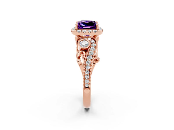 Rose gold Princess Cut Amethyst Halo Ring with Milgrain Pavé Band and Four-Prong Setting