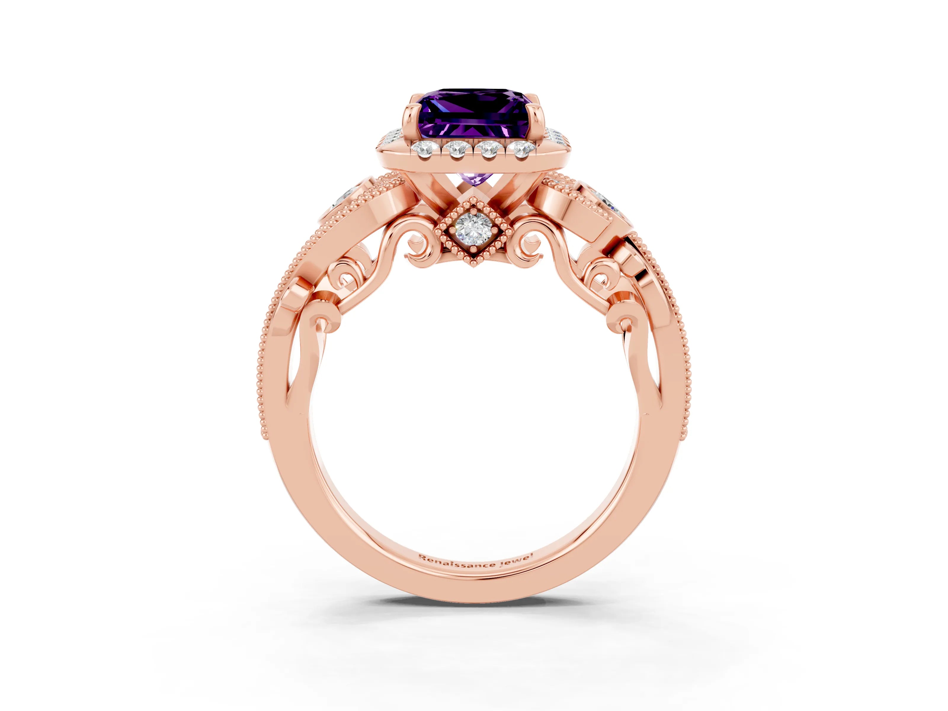 Rose gold Princess Cut Amethyst Halo Ring with Milgrain Pavé Band and Four-Prong Setting_15