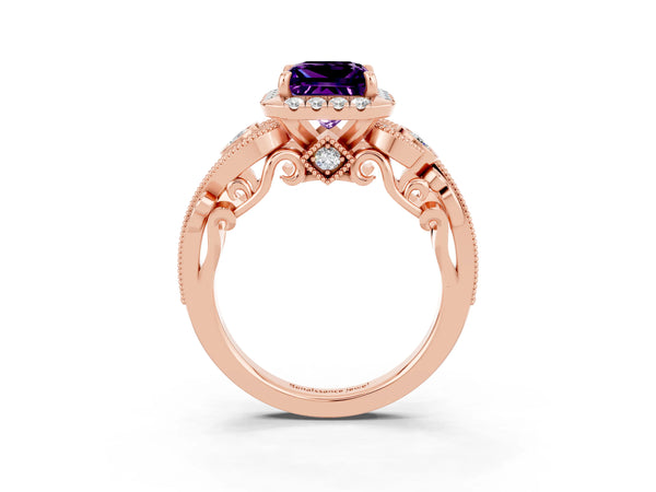 Rose gold Princess Cut Amethyst Halo Ring with Milgrain Pavé Band and Four-Prong Setting