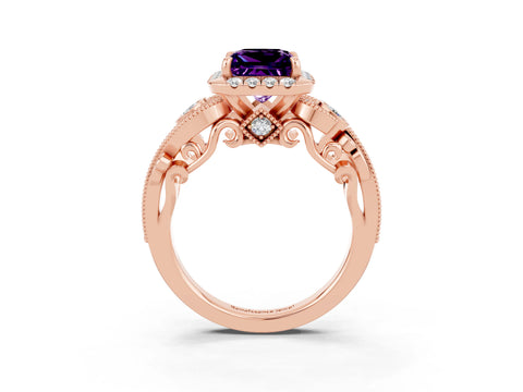 Rose gold Princess Cut Amethyst Halo Ring with Milgrain Pavé Band and Four-Prong Setting_15