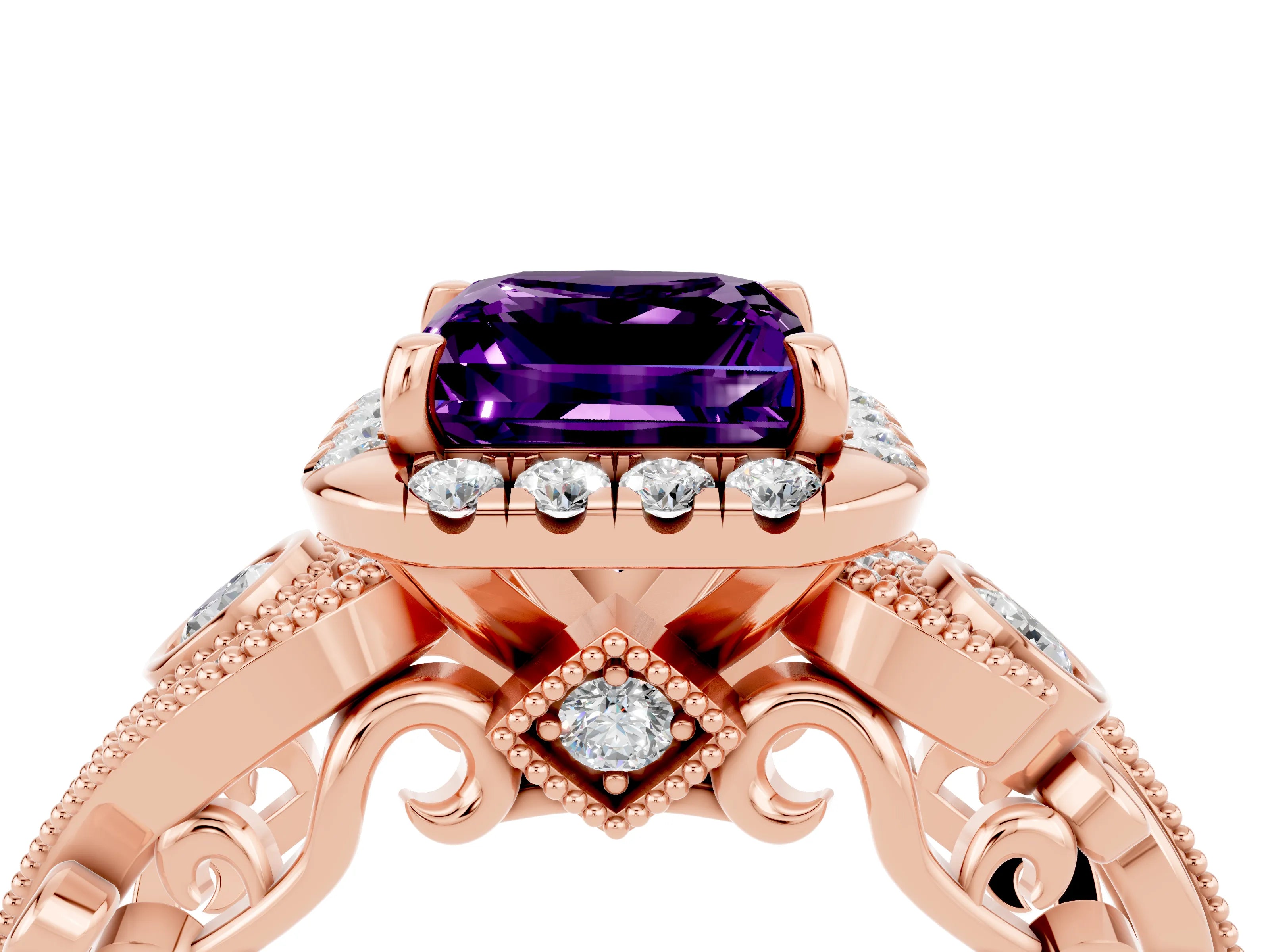 Rose gold Princess Cut Amethyst Halo Ring with Milgrain Pavé Band and Four-Prong Setting_16