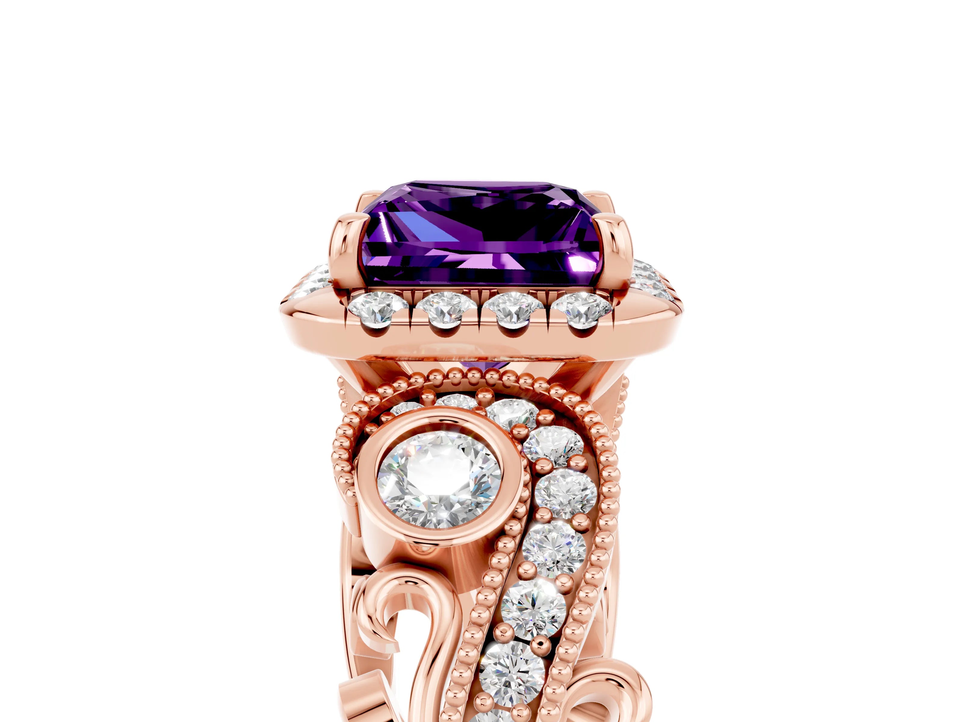 Rose gold Princess Cut Amethyst Halo Ring with Milgrain Pavé Band and Four-Prong Setting_17