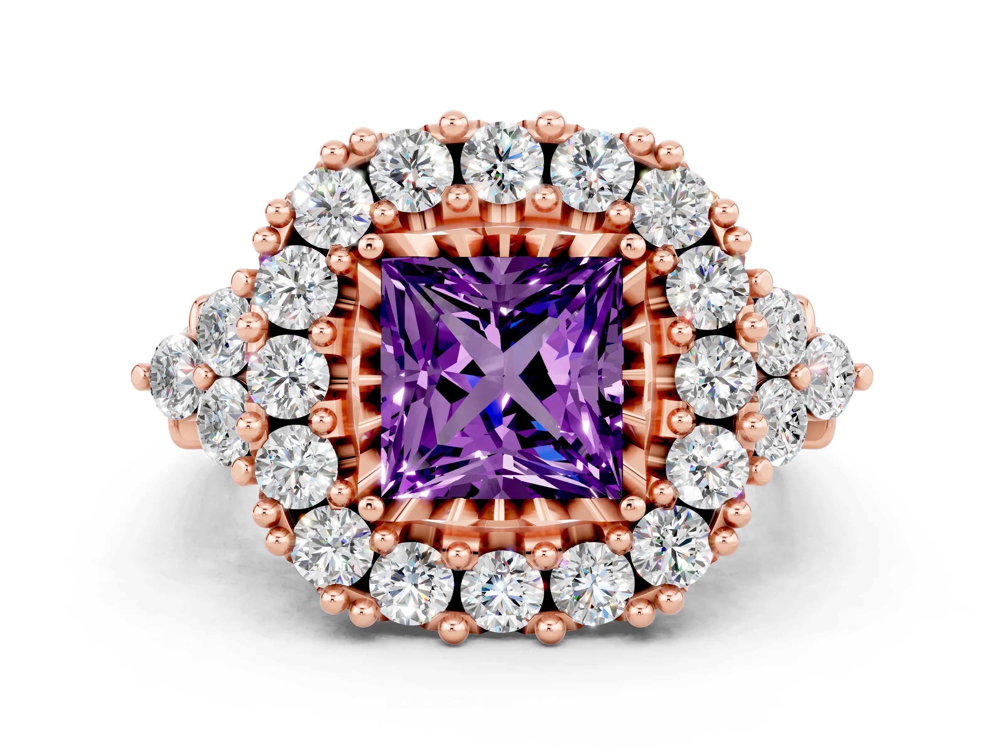 Rose gold Princess Cut Amethyst Halo Ring with Pavé Band and Four-Prong Setting_12