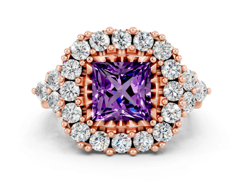 Rose gold Princess Cut Amethyst Halo Ring with Pavé Band and Four-Prong Setting_12