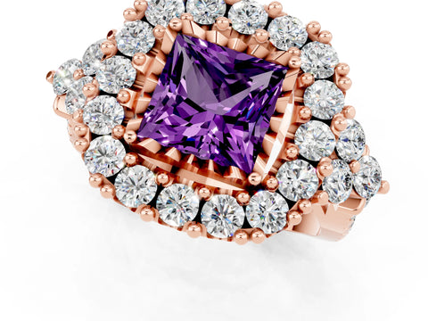 Rose gold Princess Cut Amethyst Halo Ring with Pavé Band and Four-Prong Setting_13