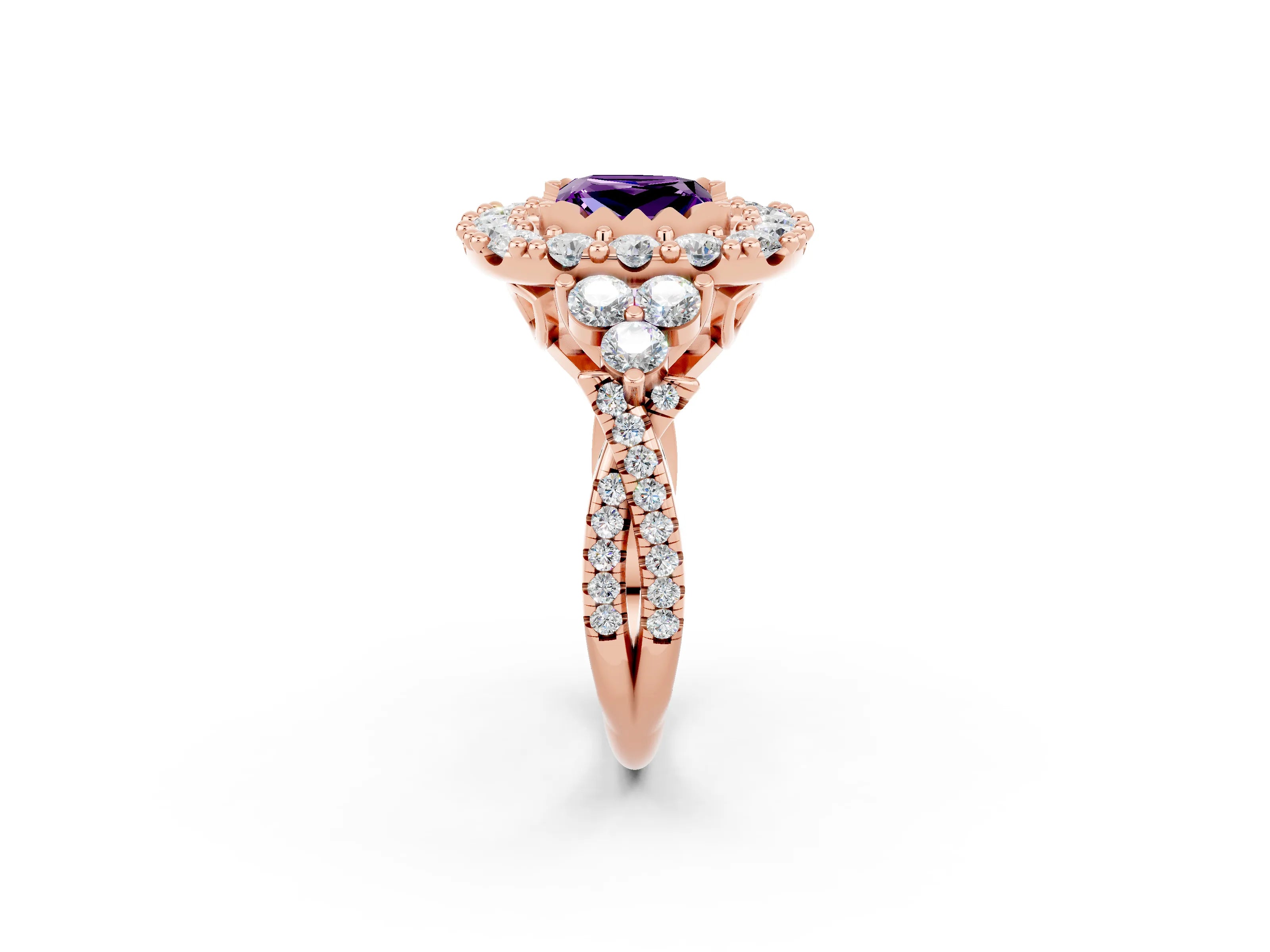 Rose gold Princess Cut Amethyst Halo Ring with Pavé Band and Four-Prong Setting_14