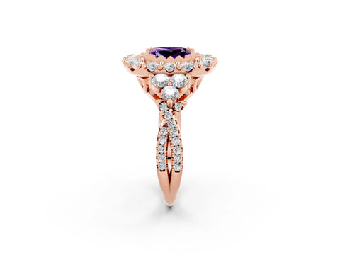 Rose gold Princess Cut Amethyst Halo Ring with Pavé Band and Four-Prong Setting_14