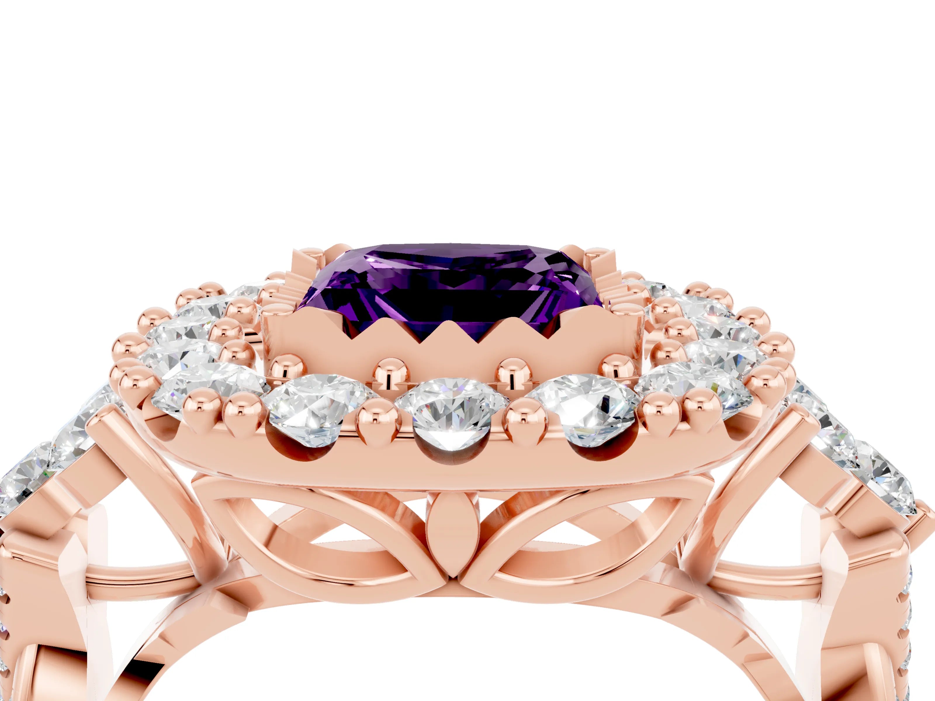 Rose gold Princess Cut Amethyst Halo Ring with Pavé Band and Four-Prong Setting_16