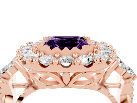 Rose gold Princess Cut Amethyst Halo Ring with Pavé Band and Four-Prong Setting_16