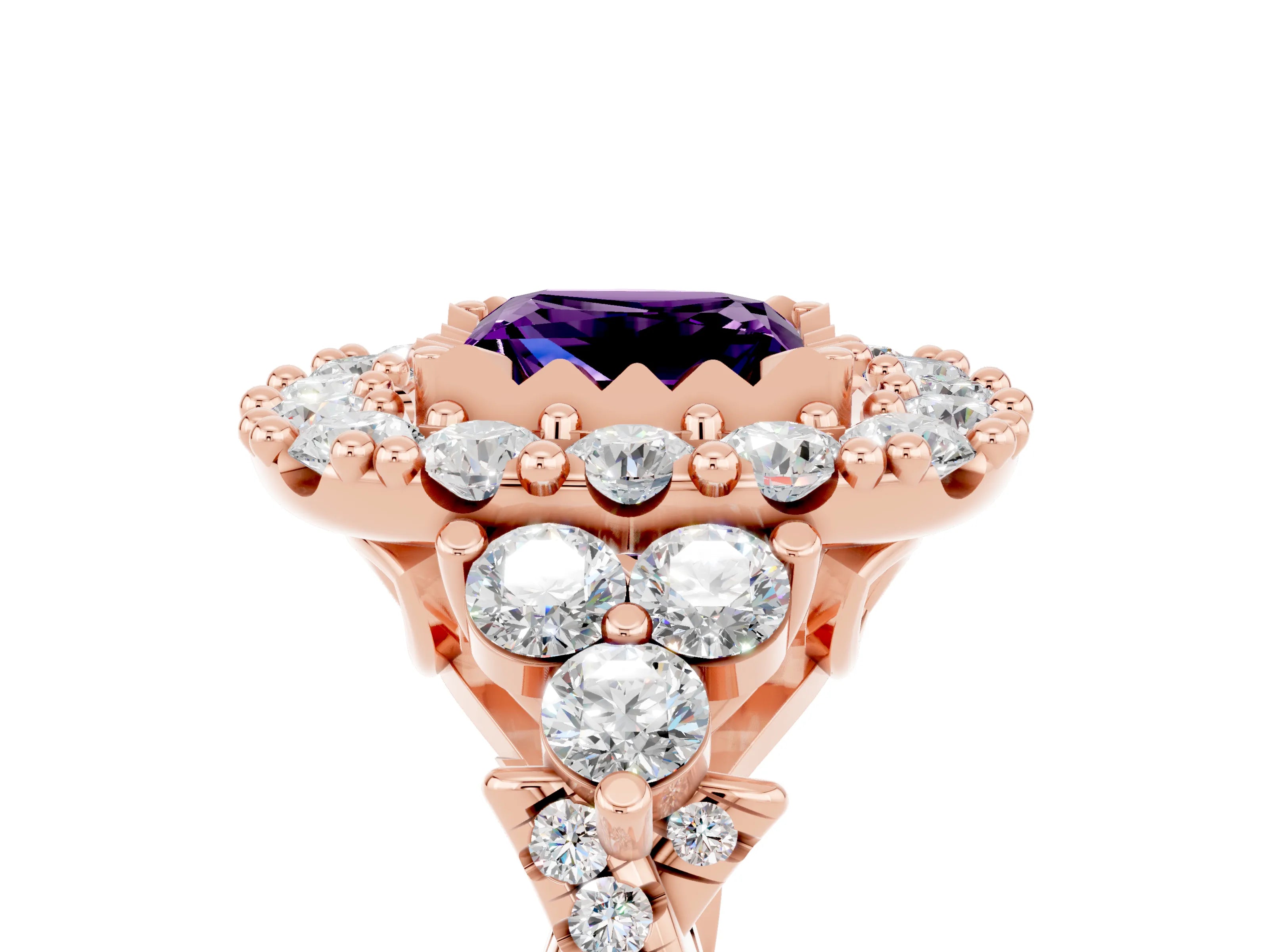 Rose gold Princess Cut Amethyst Halo Ring with Pavé Band and Four-Prong Setting_17