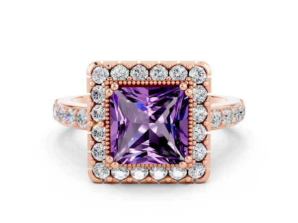 Rose gold Princess Cut Amethyst Halo Ring with Pavé Band and Prong Setting