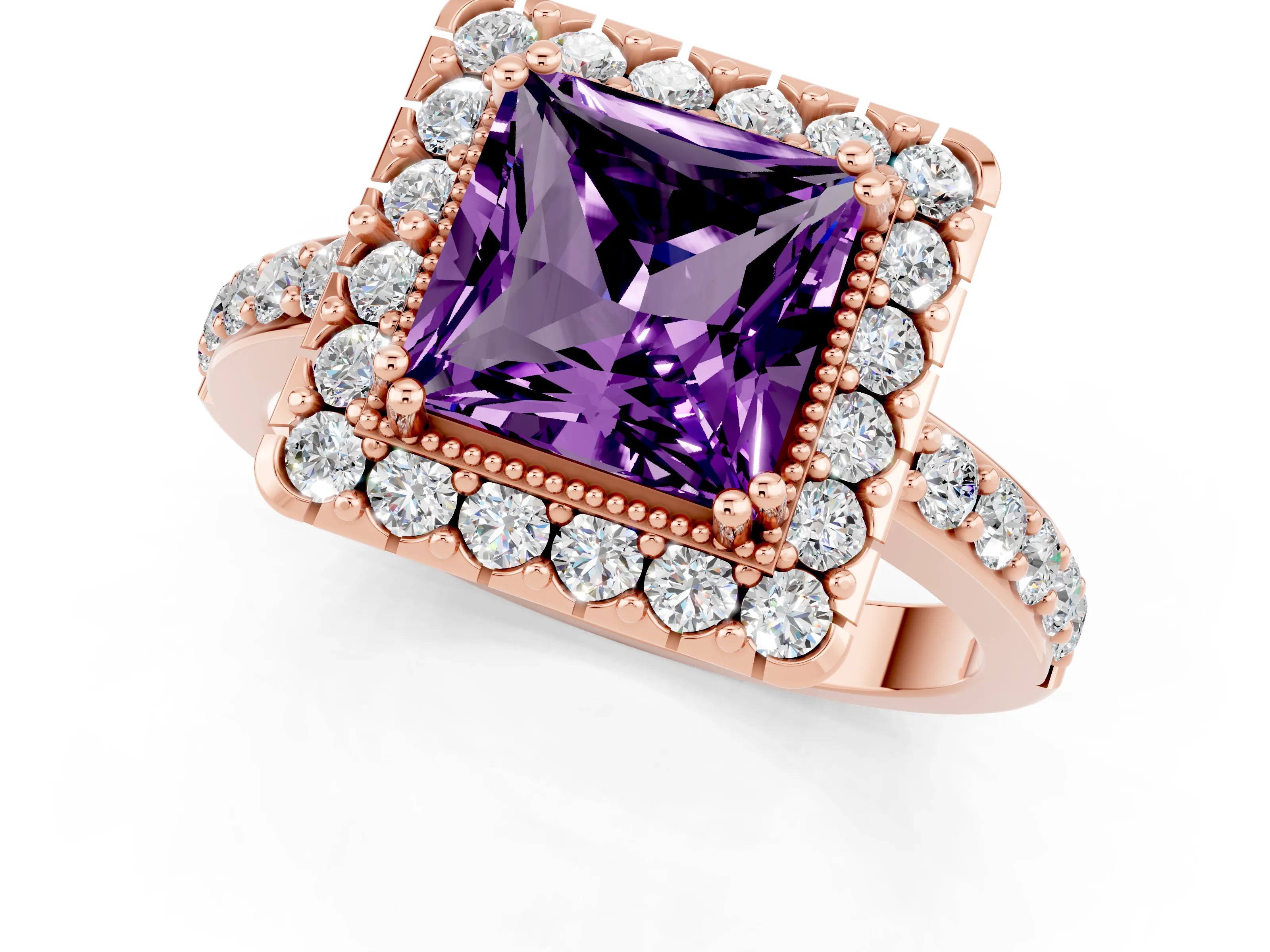 Rose gold Princess Cut Amethyst Halo Ring with Pavé Band and Prong Setting_1