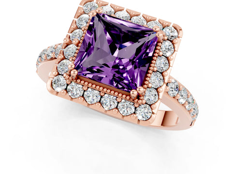 Rose gold Princess Cut Amethyst Halo Ring with Pavé Band and Prong Setting_1