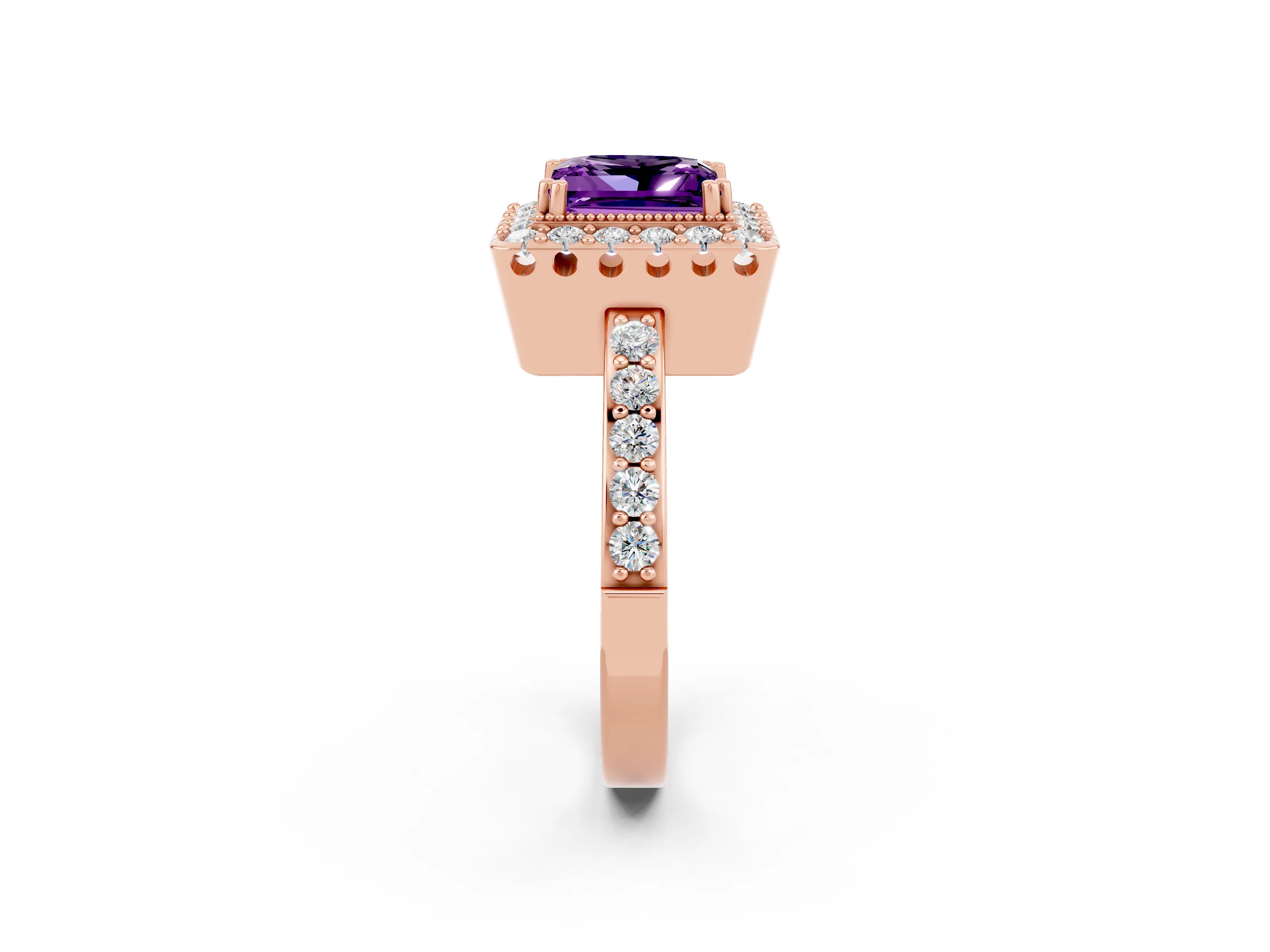 Rose gold Princess Cut Amethyst Halo Ring with Pavé Band and Prong Setting_2
