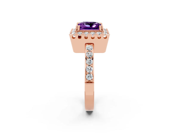 Rose gold Princess Cut Amethyst Halo Ring with Pavé Band and Prong Setting