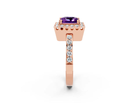 Rose gold Princess Cut Amethyst Halo Ring with Pavé Band and Prong Setting_2