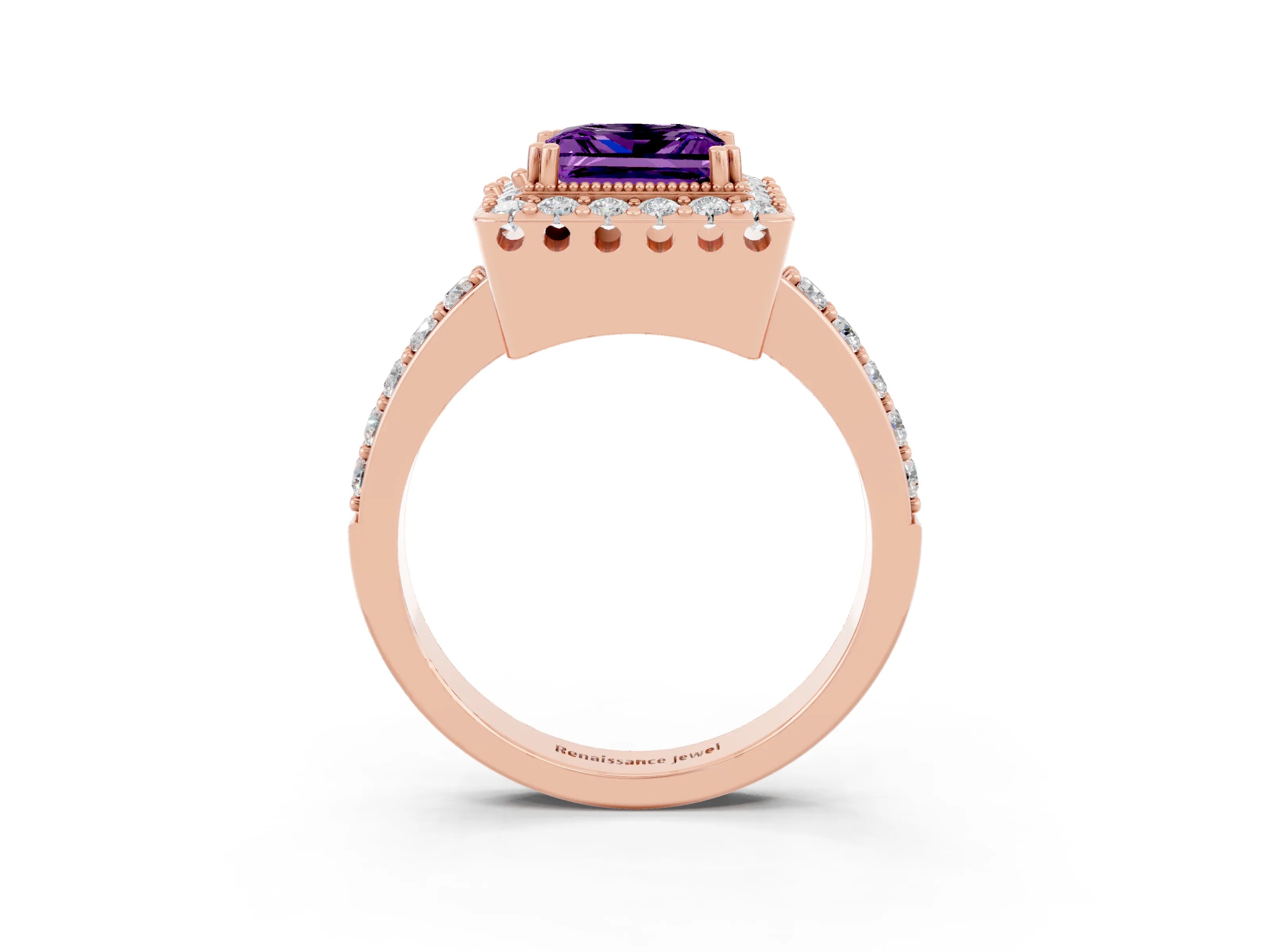 Rose gold Princess Cut Amethyst Halo Ring with Pavé Band and Prong Setting_3