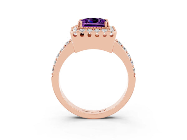 Rose gold Princess Cut Amethyst Halo Ring with Pavé Band and Prong Setting