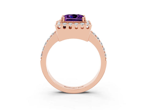 Rose gold Princess Cut Amethyst Halo Ring with Pavé Band and Prong Setting_3