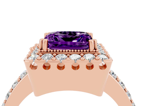 Rose gold Princess Cut Amethyst Halo Ring with Pavé Band and Prong Setting_4