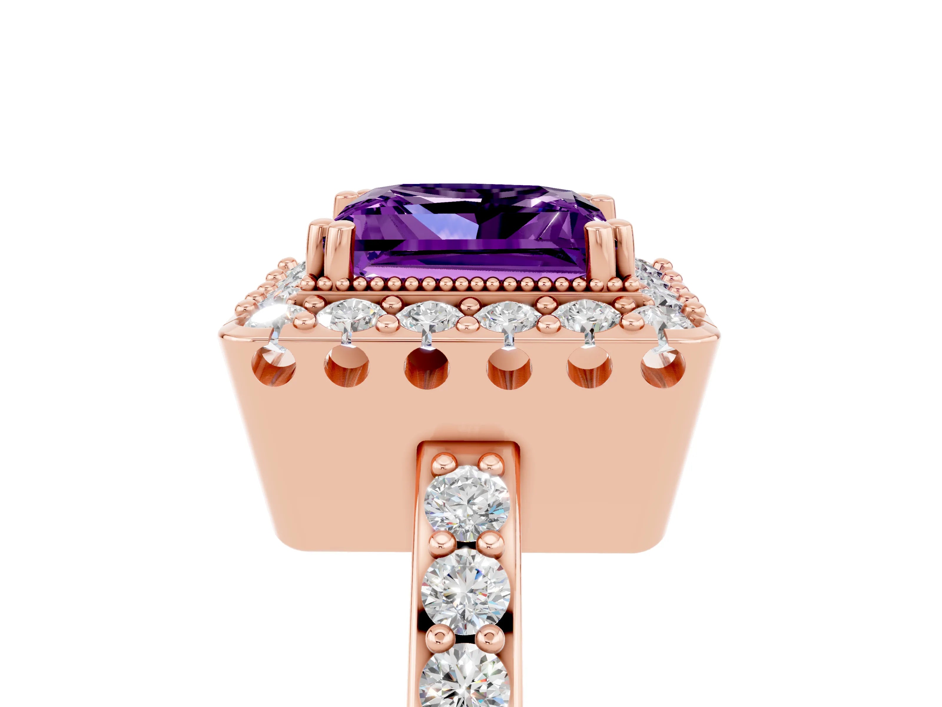 Rose gold Princess Cut Amethyst Halo Ring with Pavé Band and Prong Setting_5
