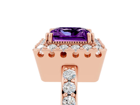 Rose gold Princess Cut Amethyst Halo Ring with Pavé Band and Prong Setting_5