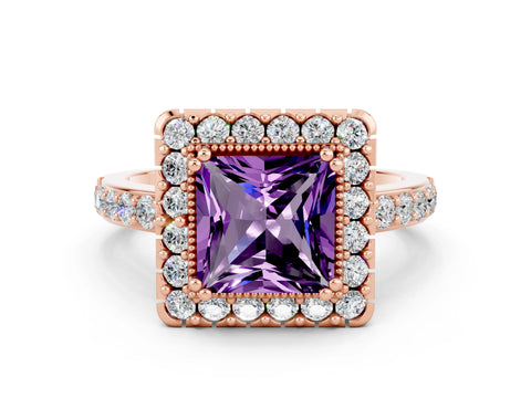 Rose gold Princess Cut Amethyst Halo Ring with Pavé Band and Prong Setting
