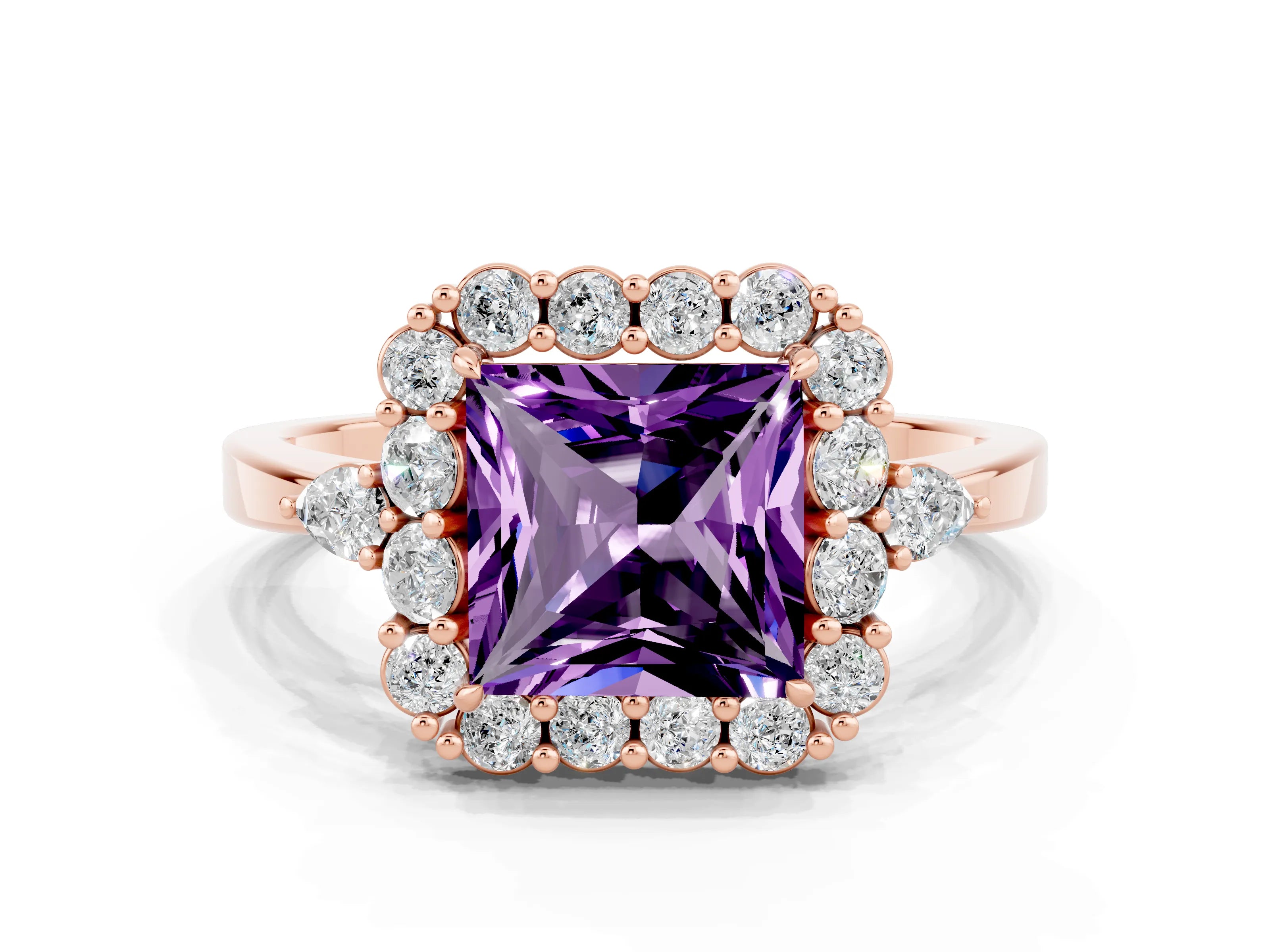Rose gold Princess Cut Amethyst Halo Ring with Pear Side Stones and Prong Setting_12