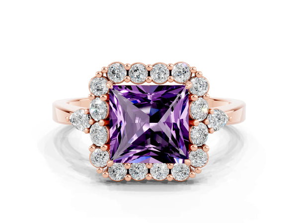 Rose gold Princess Cut Amethyst Halo Ring with Pear Side Stones and Prong Setting