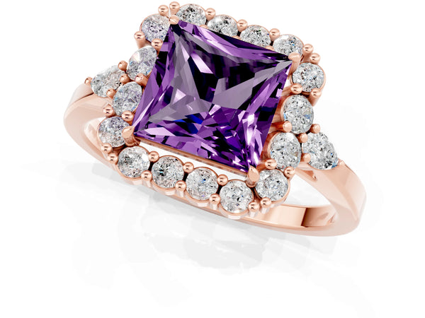 Rose gold Princess Cut Amethyst Halo Ring with Pear Side Stones and Prong Setting