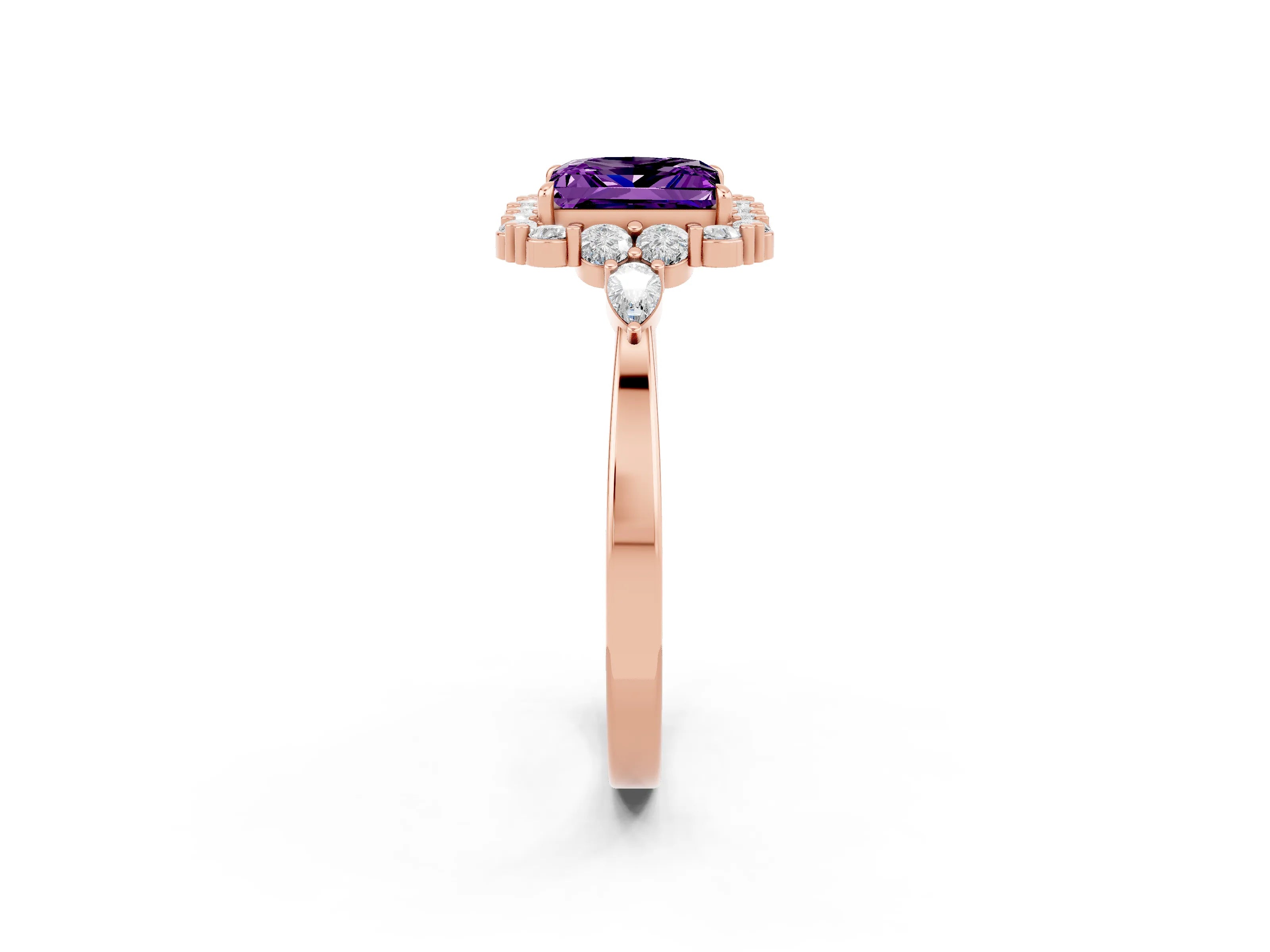 Rose gold Princess Cut Amethyst Halo Ring with Pear Side Stones and Prong Setting_14