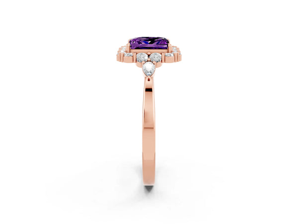 Rose gold Princess Cut Amethyst Halo Ring with Pear Side Stones and Prong Setting