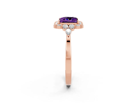 Rose gold Princess Cut Amethyst Halo Ring with Pear Side Stones and Prong Setting_14