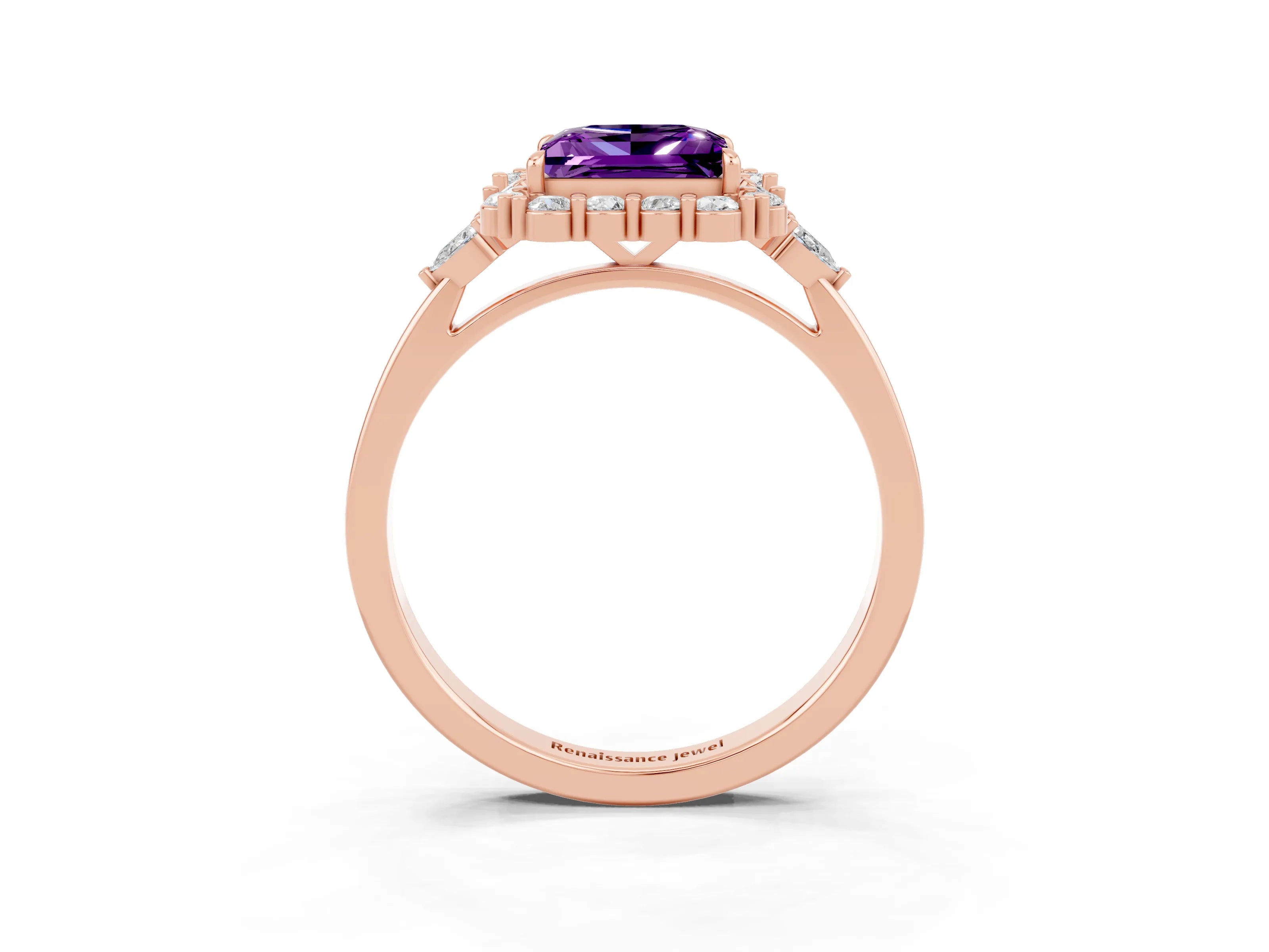 Rose gold Princess Cut Amethyst Halo Ring with Pear Side Stones and Prong Setting_15