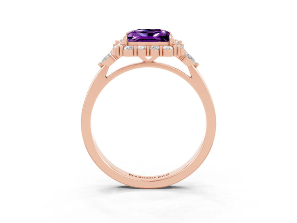 Rose gold Princess Cut Amethyst Halo Ring with Pear Side Stones and Prong Setting