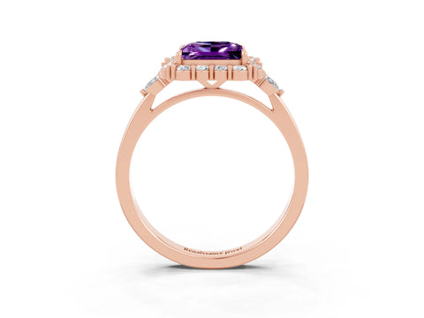 Rose gold Princess Cut Amethyst Halo Ring with Pear Side Stones and Prong Setting_15