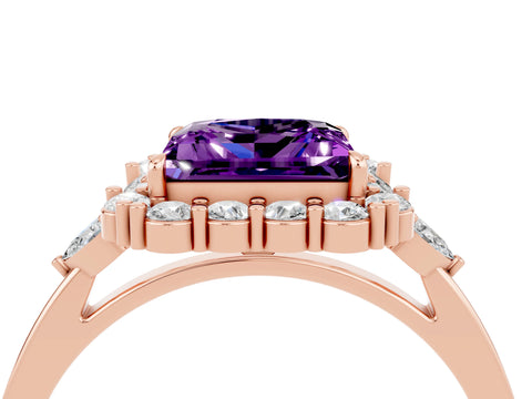 Rose gold Princess Cut Amethyst Halo Ring with Pear Side Stones and Prong Setting_16